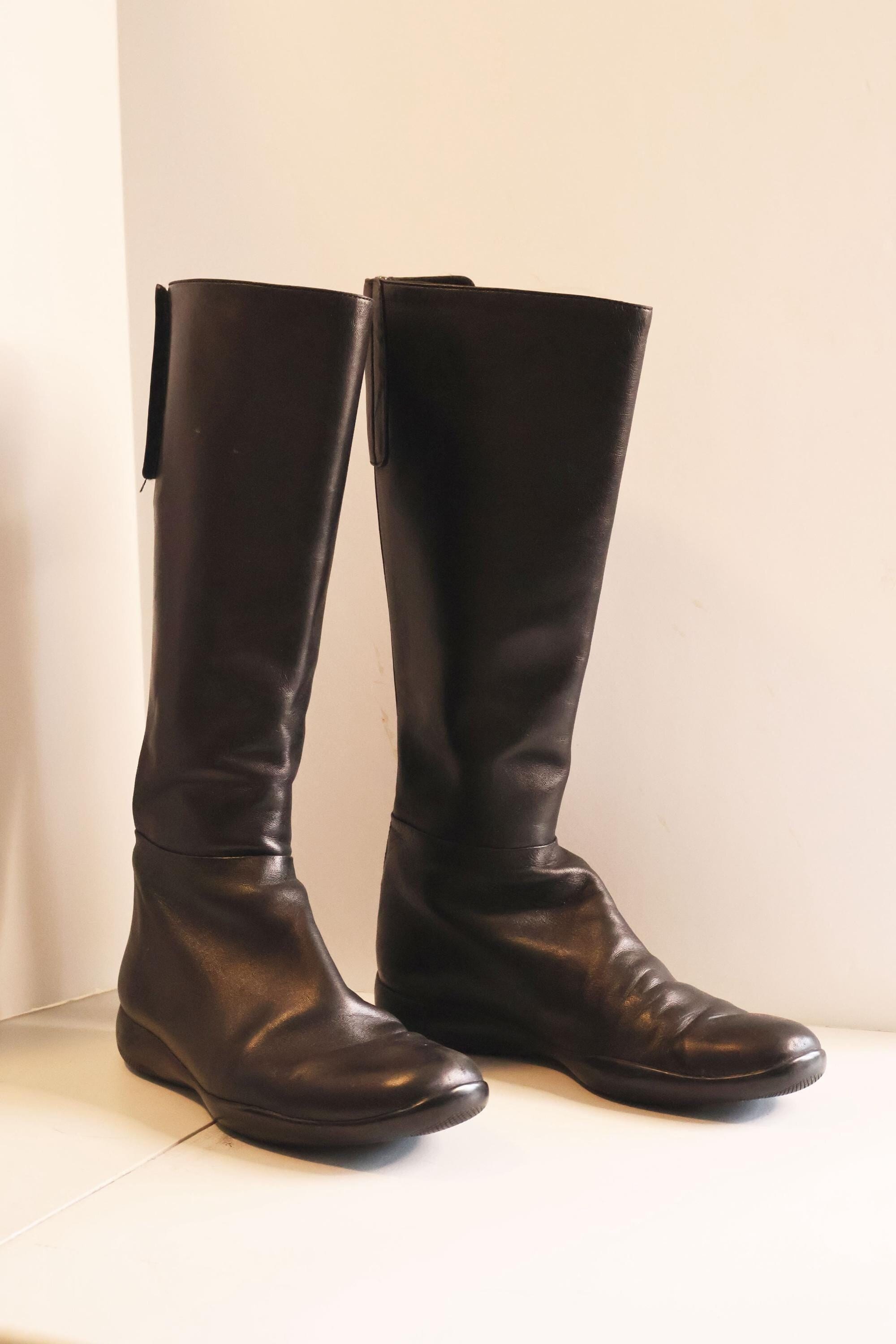 靴 PRADA SPORT square toe technical boots Rare PRADA Sport Line Technical Leather Y2K Flat Riding Boots With