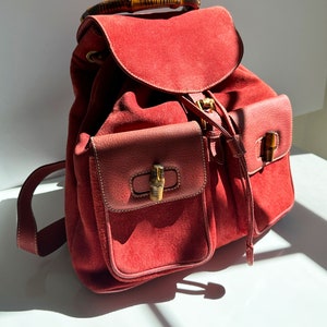 GUCCI Coral Red Suede & Leather Bamboo Handle Backpack Large Jumbo GG Gold Hardware Logo 90s Y2K Toggle image 2