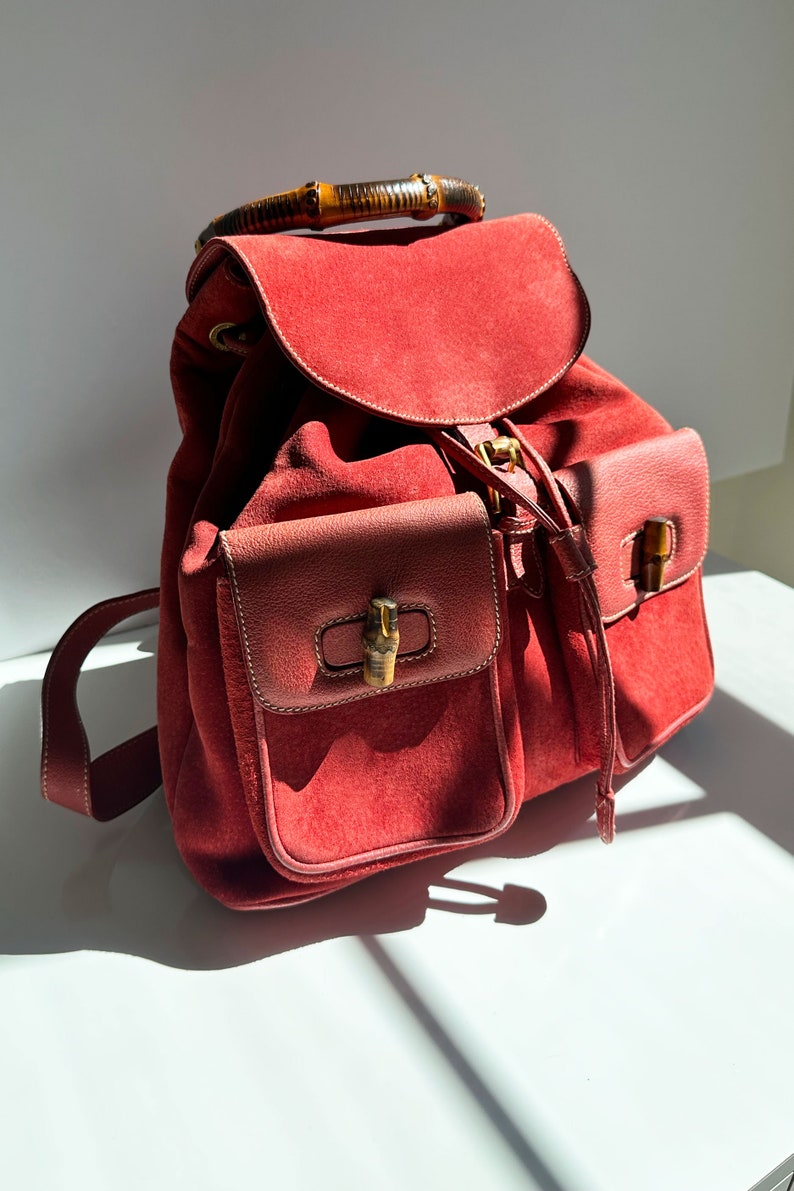 GUCCI Coral Red Suede & Leather Bamboo Handle Backpack Large Jumbo GG Gold Hardware Logo 90s Y2K Toggle image 2