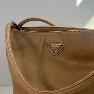 Vintage PRADA Nude Leather Tessuto Double Pocket Shopper Tote 90s Y2K Monogram Logo Shoulder Bag Minimal image 3