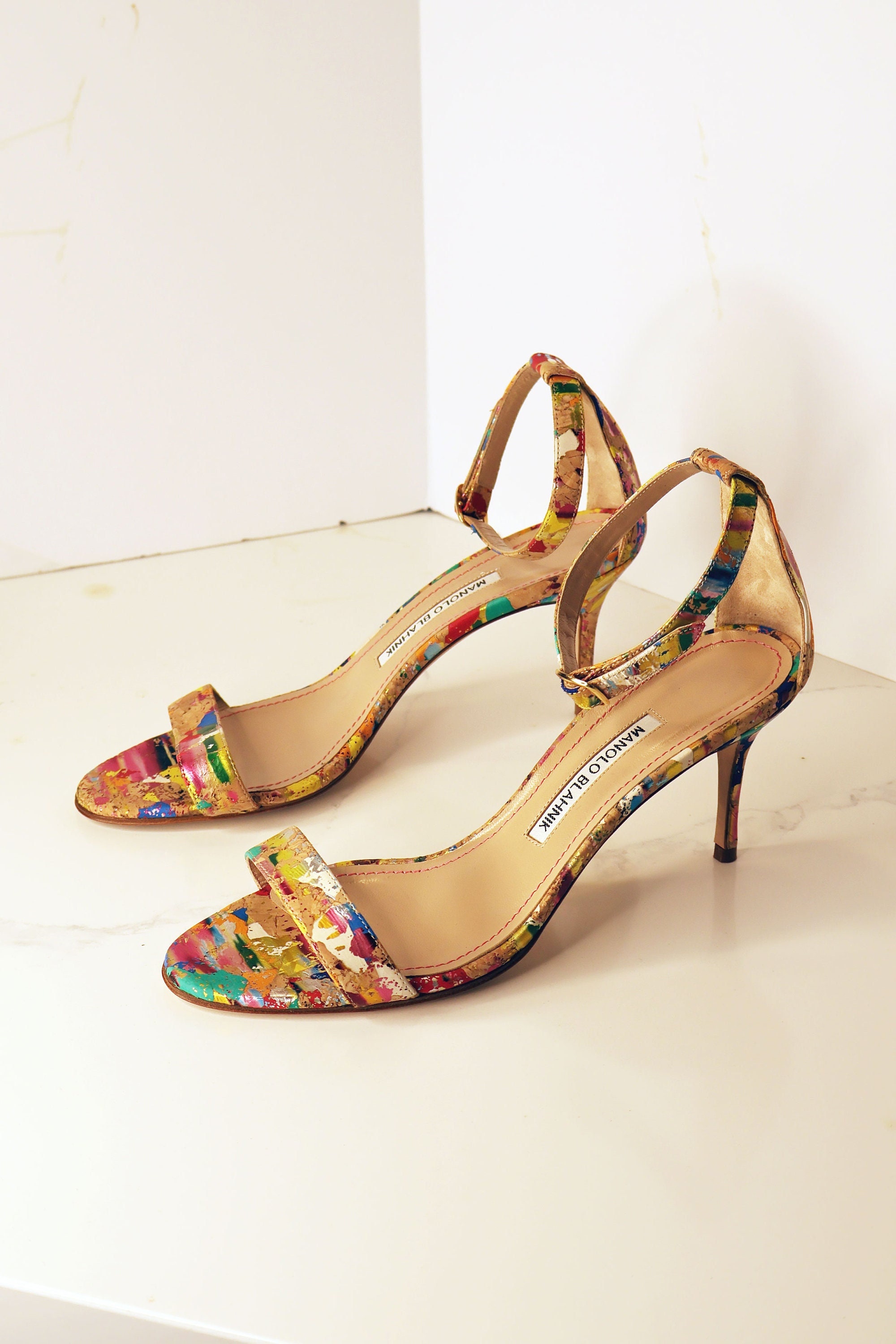Vintage Manolo Blahnik Cork + Splatter Paint Chaos Ankle Vintage Manolo Blahnik Cork + Splatter Paint Chaos Ankle