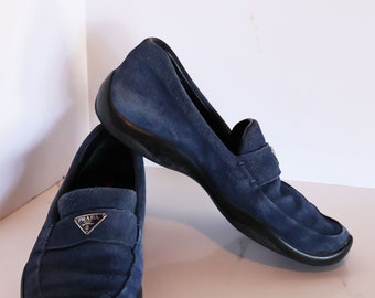 Vintage PRADA Sport Line Cobalt Suede Logo Plaque Loafers Sz