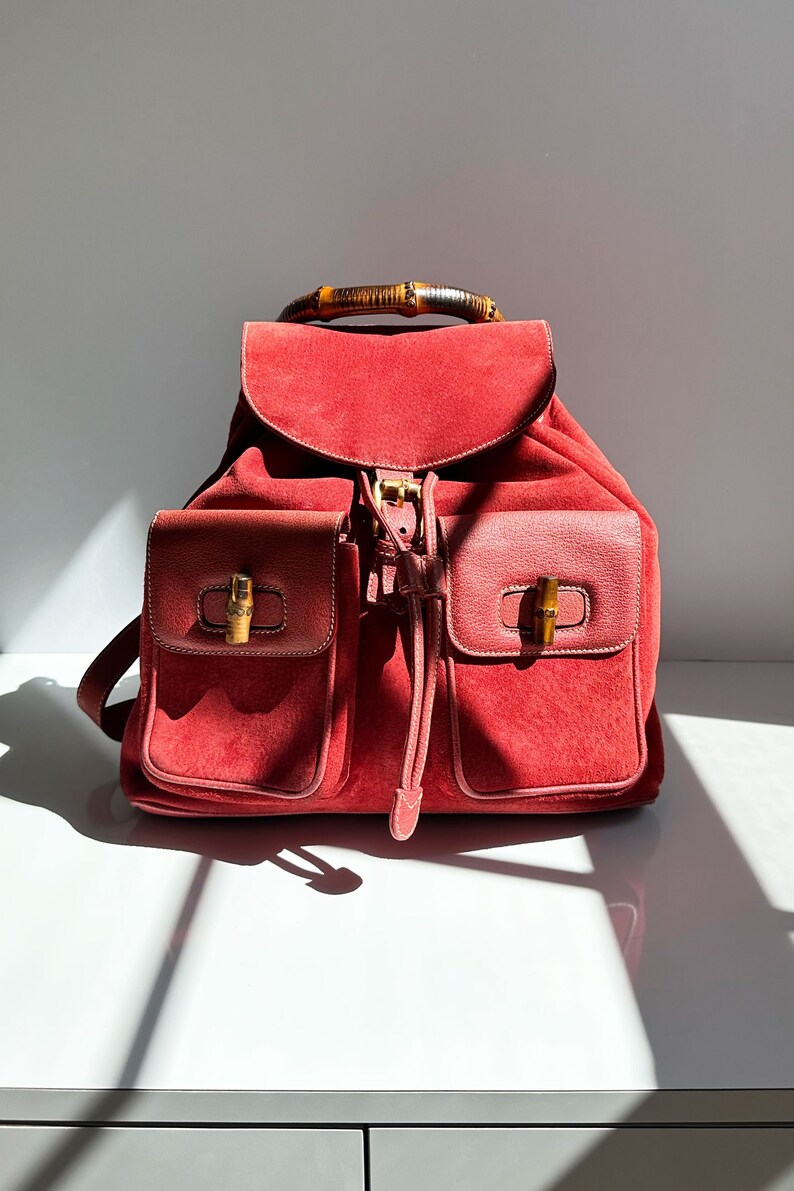 GUCCI Coral Red Suede & Leather Bamboo Handle Backpack Large Jumbo GG Gold Hardware Logo 90s Y2K Toggle image 1