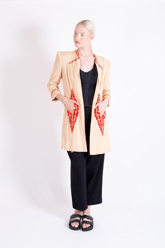 Rare 1920s Nude Silk + Red Beaded Jacket with Gold