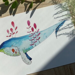 Kaartje walvis, post kaart, A6 kaart, illustratie walvis, illustratie door Marjet Scholten