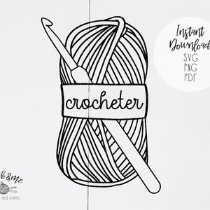May include: Black and white line art illustration of a ball of yarn with a crochet hook. The yarn ball has a label that says "crocheter".