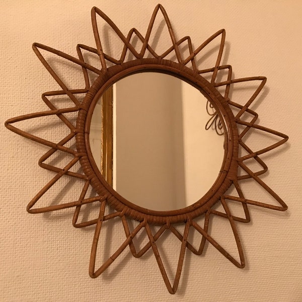 ancien miroir rotin bambou osier forme très originale soleil étoile style scandinave vintage années 50 60 France modèle rare Audoux Minet