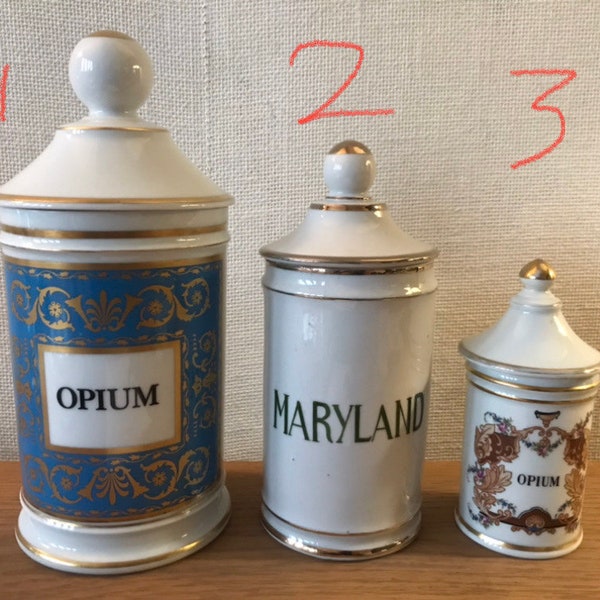 Old pharmacy jar, apothecary, Opium, Maryland, Limoges porcelain, vintage, France, 1950s