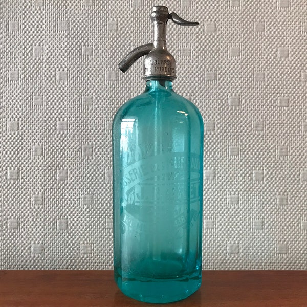 ancien siphon bleu, forme pyramidale, eau de seltz, eau gazeuse, J. Buret, Mureaux, France, vintage, bistrot, années 30