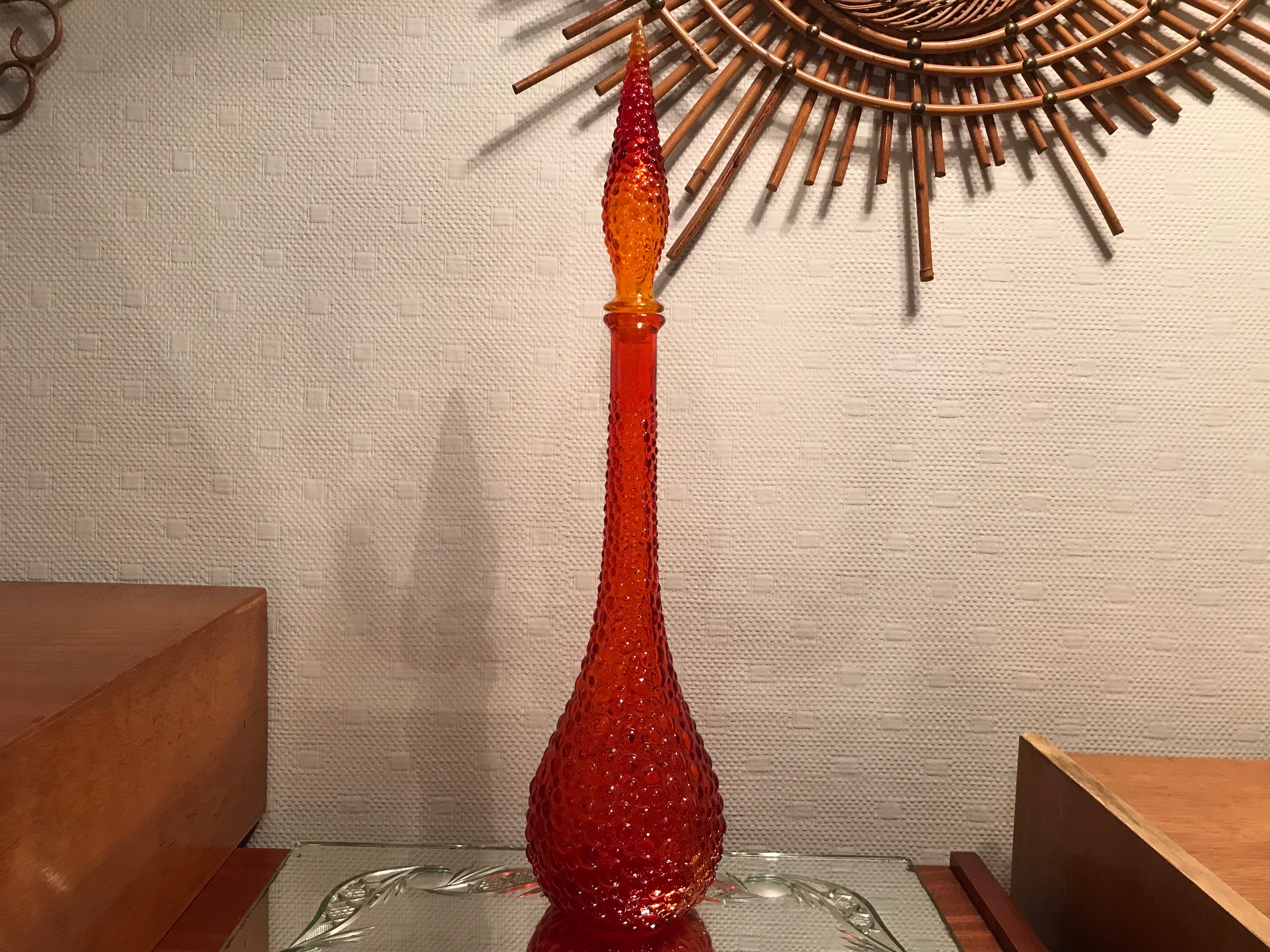 Carafe Empoli Orange Rouge Motif Texture Petites Bulles Vintage Années 60 Made in Italy