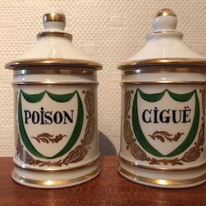 Antigua botella de jarra de farmacia antigua, boticario, Poison, Cigue, con tapa, porcelana de Limoges, retro vintage, Francia, década de 1950