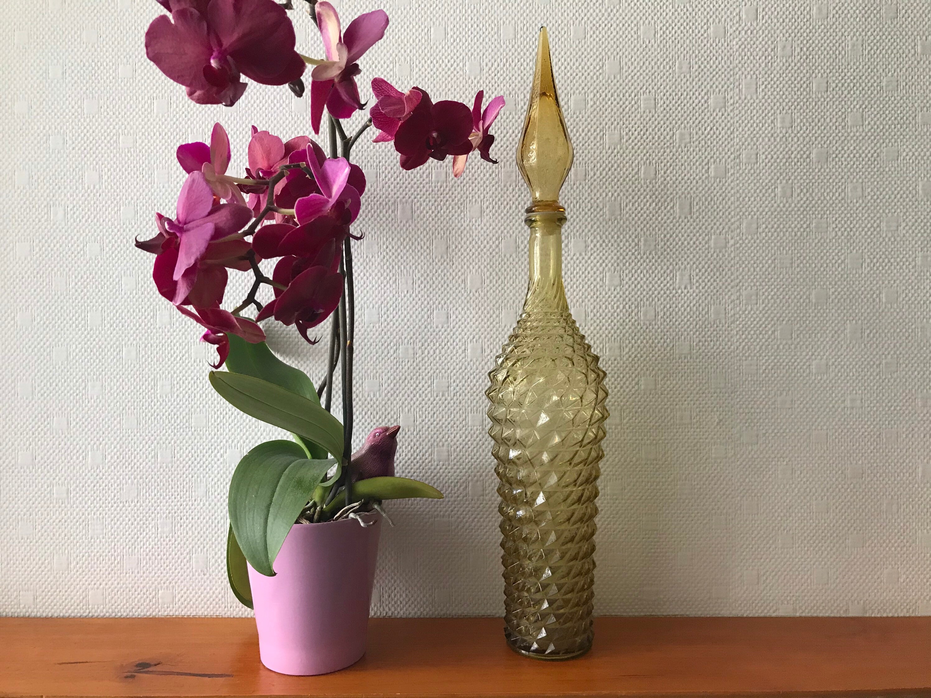 Ancienne Carafe Empoli Jaune Très Grande Dimension Bouteille Génie Pointe de Diamant Vintage Rétro A