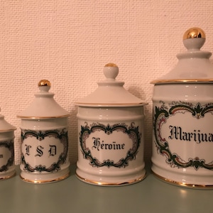 Antique pharmacy jar, apothecary, Opium, LSD, Heroin, Marijuana, Limoges porcelain, vintage, France, 1950s