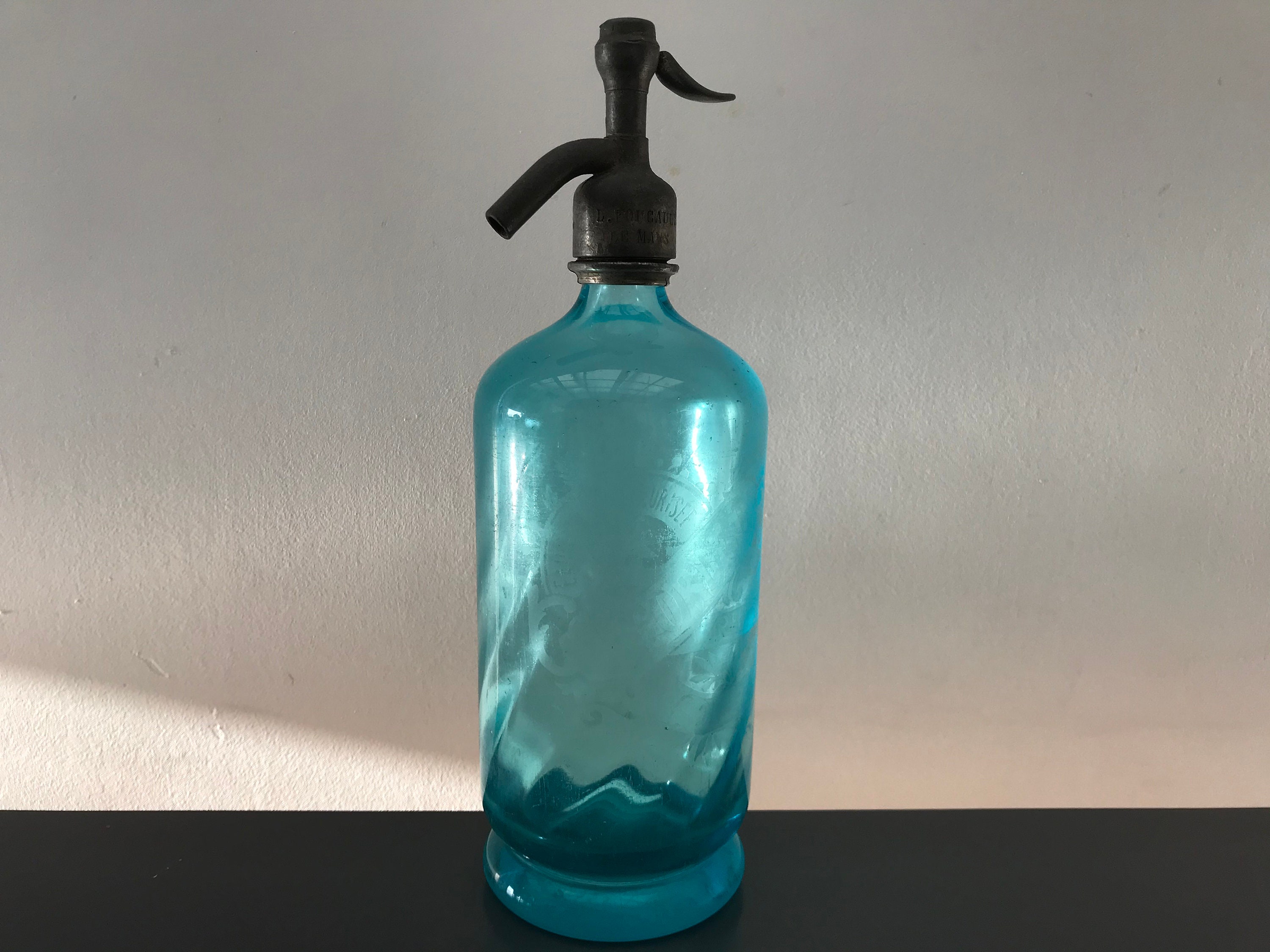 Ancien Siphon Bleu, Eau de Seltz, Gazeuse, Ricordeau Pharmacien, Foucault, Le Mans, Étain , France, 