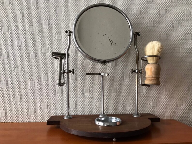 Old Set Of Toiletry Shaving Mirror Barber Round Beveled Shaving Mirror Barber Round Beveled