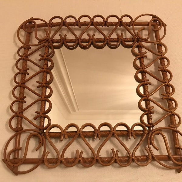 ancien miroir rotin bambou osier forme carré forme coeurs style scandinave vintage années 50 60 France modèle rare