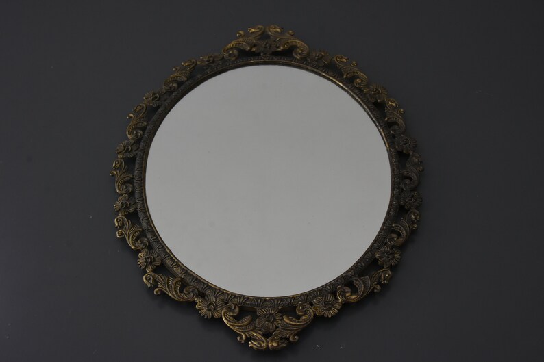 Antique Hand Mirror Circled In Gold Copper Brass Metal Mirror Circled In Gold Copper Brass