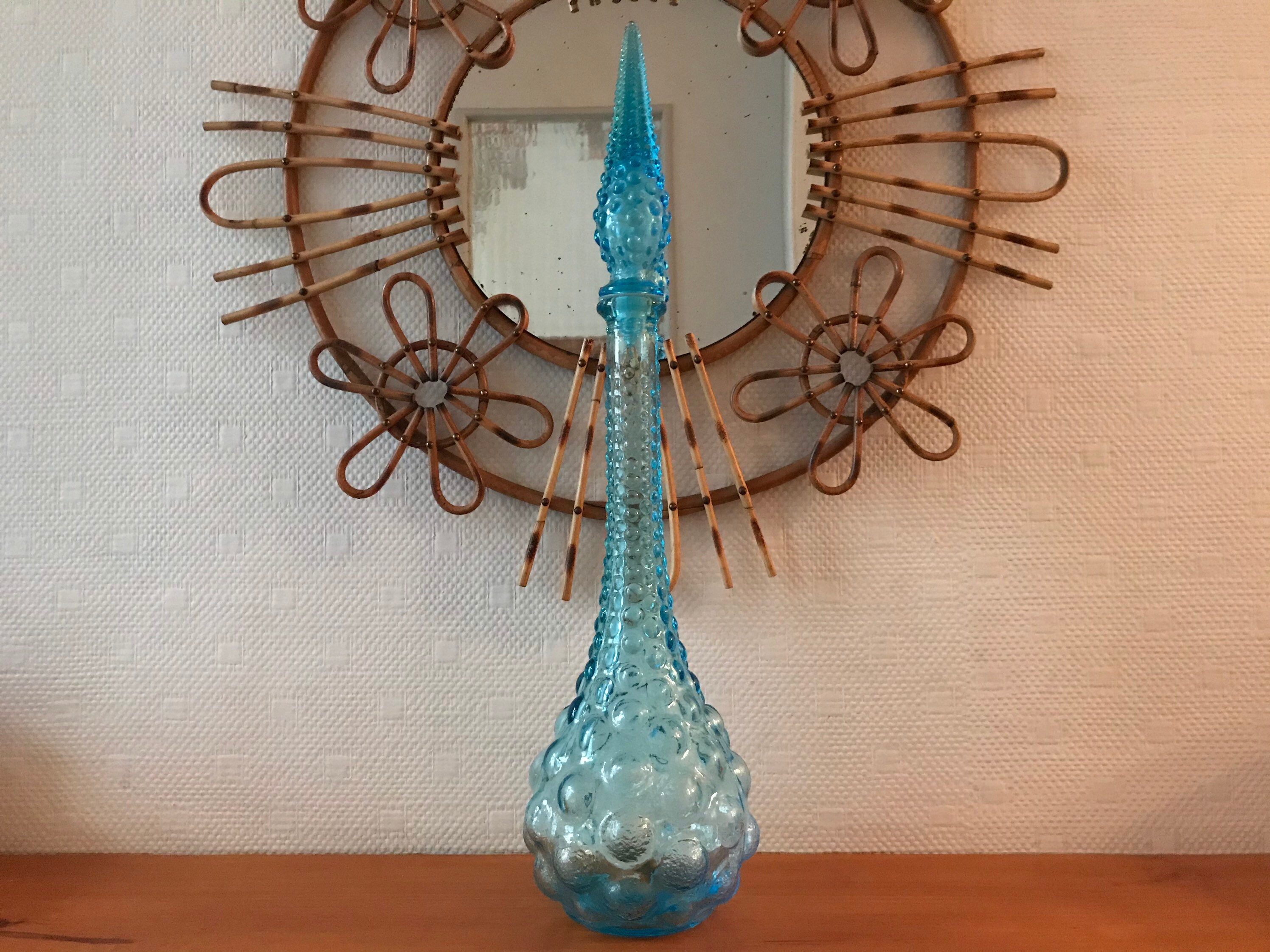 Carafe Empoli Italie Bleu Turquoise Clair d'eau Glacial Motifs Grosses Bulles Vintage Années 60 Made