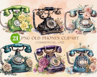 Vintage Rotary Phone Watercolor Png Clipart Bundle, Digital Download, Scrapbooking, Antique Telephone Greeting card graphics