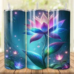 Dark Fantasy Neon Flower 20oz Sublimation Tumbler Designs, Fairytale Floral 9.2 x 8.3” Straight Tapered Skinny Tumbler Wrap PNG