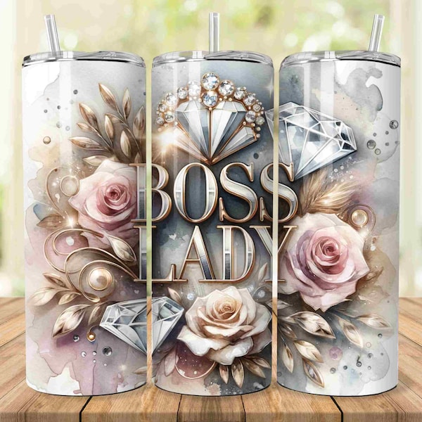 Watercolor Boss Lady 20oz Skinny Tumbler Design, Glitter Diamonds, Girl Boss, Black Woman Tumbler Wrap, Floral Template for Sublimation.