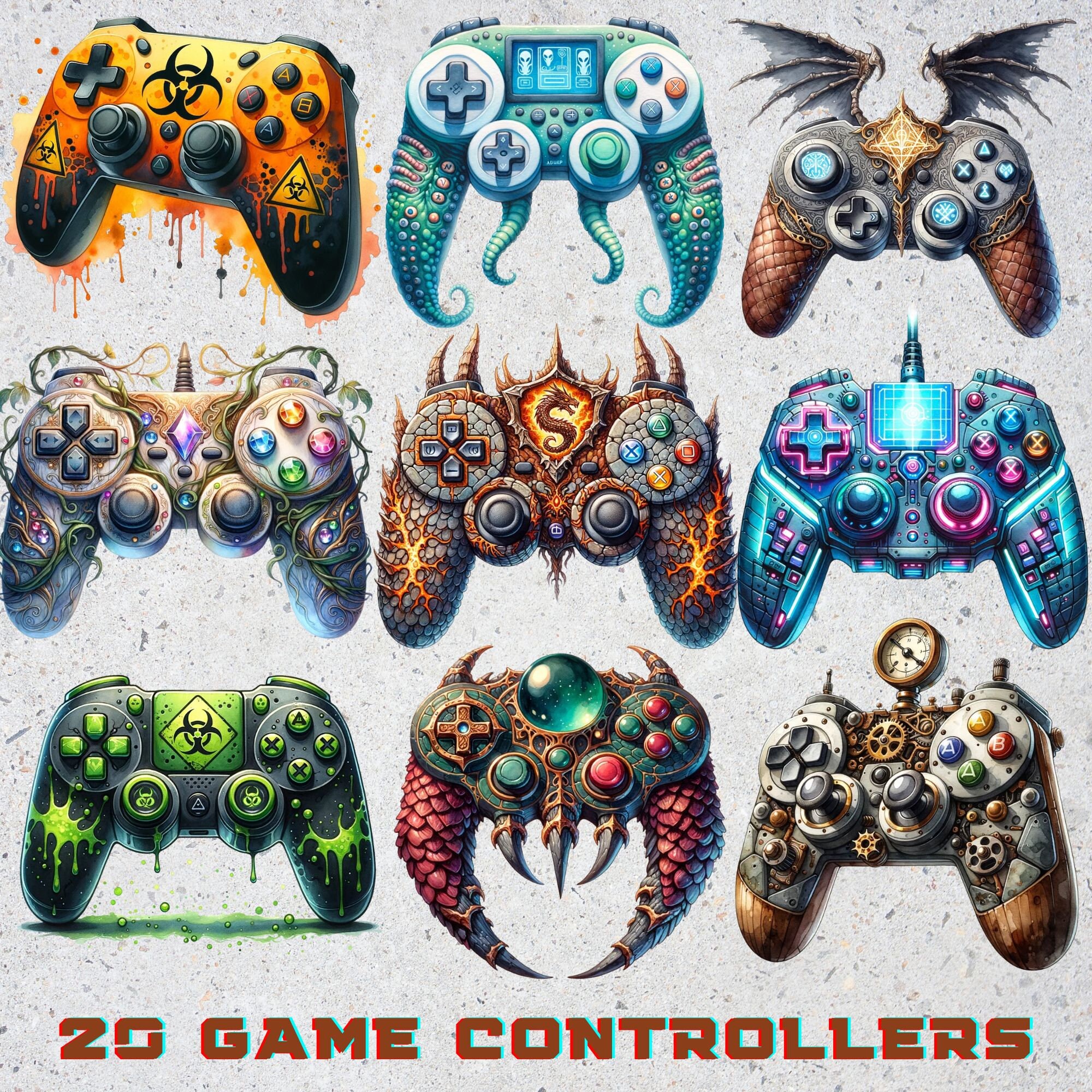 Watercolor Game Controller PNG Clip Art Bundle, Video Gaming Clipart ...