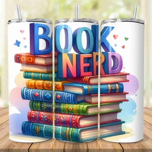 Watercolor Book Nerd Tumbler Wrap, Book Lover, Librarian 20oz Skinny Tumbler Sublimation Design Digital Download PNG, Straight tumbler wrap