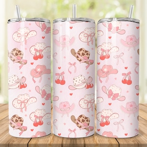 Coquette Cherry Tumbler Wrap, Pink Cowboy Hat Bow, 20 Oz Skinny Tumbler, Ribbon Aesthetic Bow PNG, Trendy Tumbler PNG, Tumbler Sublimation