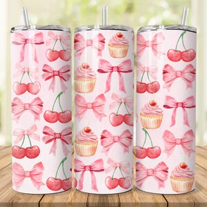 Coquette Cherry Tumbler Wrap, Pink Cowboy Hat Bow, 20 Oz Skinny Tumbler, Ribbon Aesthetic Bow PNG, Trendy Tumbler PNG, Tumbler Sublimation