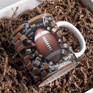 3D American Football Hole In A Wall Mug Wrap 11oz & 15oz Mug Template, Mug Sublimation Design Mug Wrap Template PNG Instant Digital Download