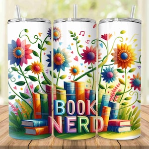 Watercolor Book Nerd Tumbler Wrap, Book Lover, Librarian 20oz Skinny Tumbler Sublimation Design Digital Download PNG, Straight tumbler wrap