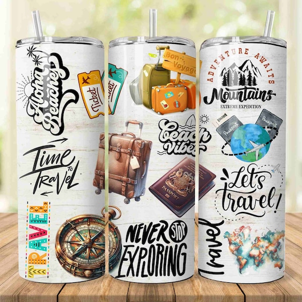 Travel Tumbler Wrap, Wanderlust 20 Oz Skinny Sublimation Tumbler PNG, Traveling Tumbler Design Traveler Tumbler PNG Digital File Download