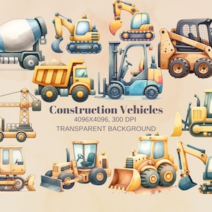 Bouwvoertuigen png, aquarel auto's clipart, bulldozer png, cement vrachtwagen png, graafmachine png, dumptruck png, heftruck png