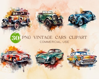 Vintage Cars Watercolor Clipart Collection - 30 High-Quality Classic Automobile Images Bundle - Instant Digital Download, Classic Cars PNG