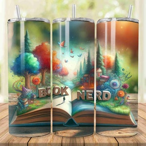 Watercolor Book Nerd Tumbler Wrap, Book Lover, Librarian 20oz Skinny Tumbler Sublimation Design Digital Download PNG, Straight tumbler wrap