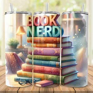 Watercolor Book Nerd Tumbler Wrap, Book Lover, Librarian 20oz Skinny Tumbler Sublimation Design Digital Download PNG, Straight tumbler wrap