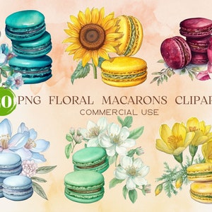 Floral Macaron Aquarela Clipart PNG Pacote, Clipart de padaria, Clipart francês de sobremesa, Scrapbooking, diário, convites de casamento