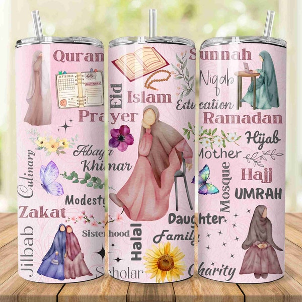 Muslim Woman 20oz Skinny Tumbler Wrap PNG Sublimation Design, Straight Islam Tumbler Wrap PNG, Pink Floral Tumbler Wrap Design for Women