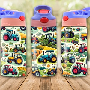 Tractor 12oz Kids Flip Top Sippy Cup Tumbler Wrap, 12oz Straight Tumbler Sublimation PNG, Childrens Tractors Tumbler Wrap Design For Boys