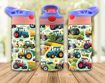 Tractor 12oz Kids Flip Top Sippy Cup Tumbler Wrap, 12oz Straight Tumbler Sublimation PNG, Childrens Tractors Tumbler Wrap Design For Boys