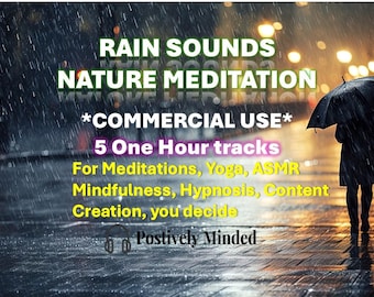 May include: Image of a person with an umbrella walking on a wet street in the rain. Text overlay reads "Rain Sounds Nature Meditation" and details for commercial use, including 5 one-hour tracks for meditation, yoga, and content creation.