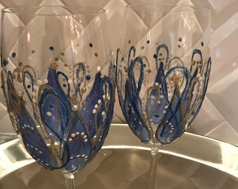 Hand painted Sapphire Blue Wine Glasses