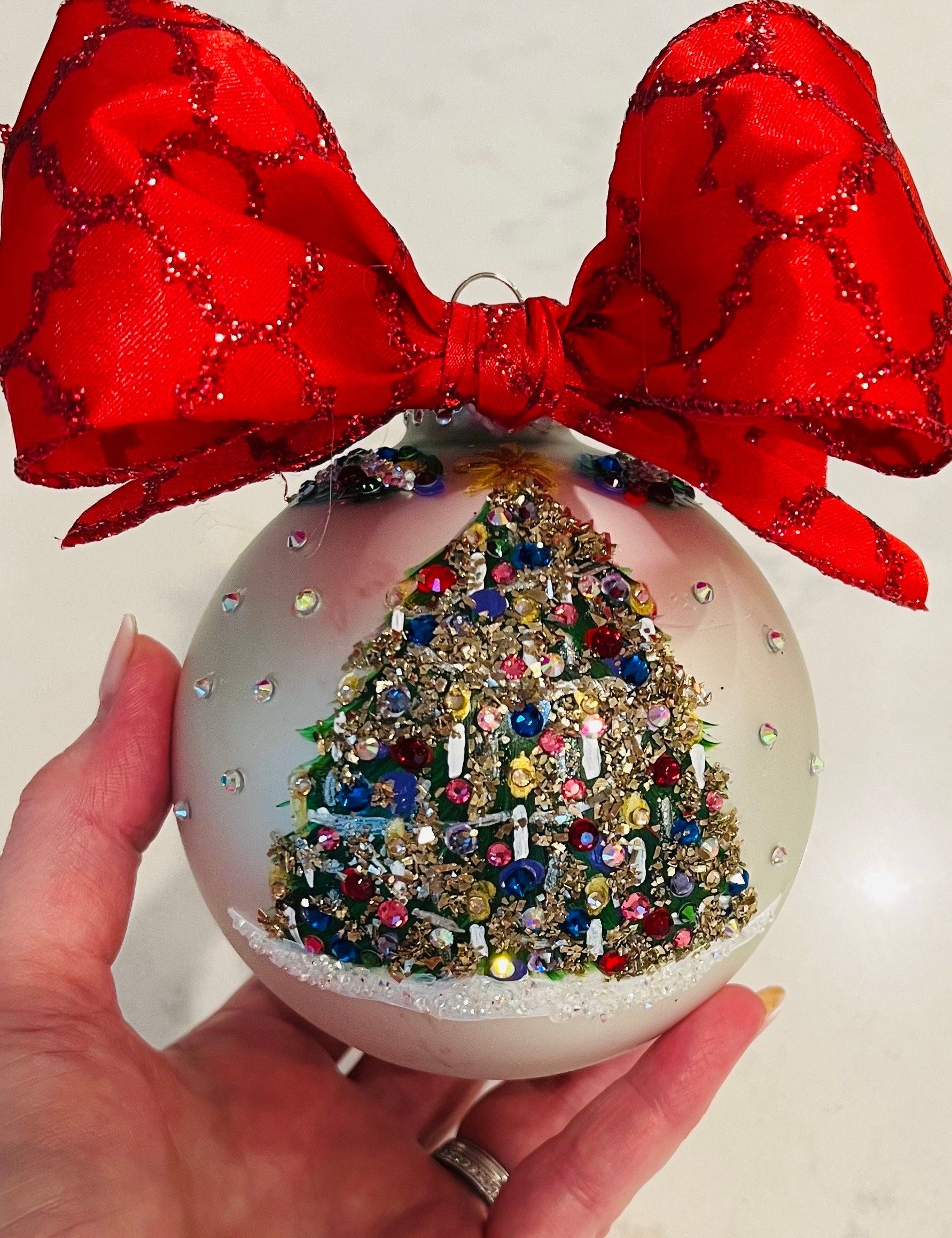Majestic Elegant Hand Painted Christmas Tree Glass Ornament, with Crystals and Rhinestones - Keepsake Heirloom Gift