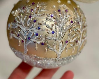 Hand Painted Winter Scene Glass Christmas Ornament with Crystals