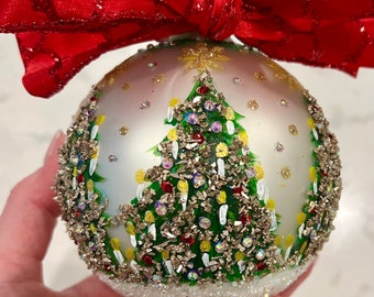 Stunning Keepsake Majestic Heirloom Christmas Trees with Snow, Hand Painted 4” Glass Ornament, with Crystals,  Personalized, Custom Gift