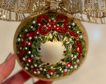 Hand Painted Christmas Wreath Ornament: Champagne Glass, Crystals & Pearls