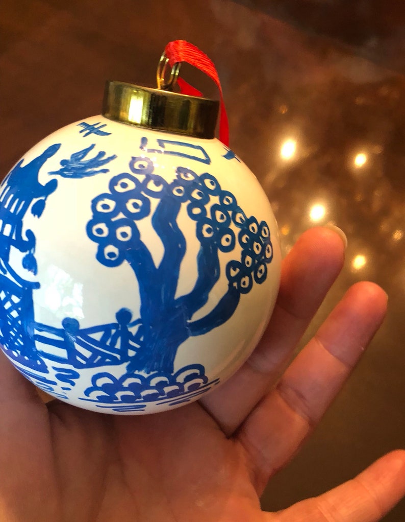 Chinoiserie Pagoda Christmas Ornament Blue /& White