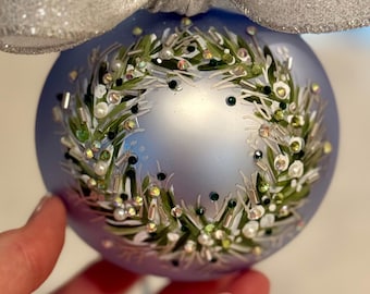 Winter Wreath 4” European Glass, Christmas Ornament, Blue White Decor, Heirloom Keepsake, Custom, Personalized,