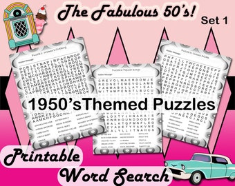 Fabulous 50&#39;s Printable Word Search PDF Game | Set 1 | 20 Puzzles & Answers | 1950s Theme | Hidden Message | Download | Pages Sheets | Retro