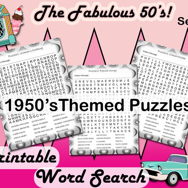 Fabulous 50's Printable Word Search PDF Game | Set 1 | 20 Puzzles & Answers | 1950s Theme | Hidden Message | Download | Pages Sheets | Retro